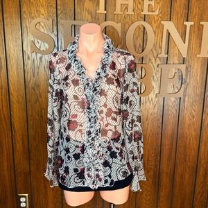 Tess Silk Blouse Women 12 Multi Color Floral Ruffle Sheer Whimsigoth Grunge Y2K